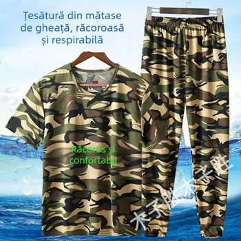 Tricou pentru bărbați din Ice Silk și set de lucru, extensibil, uscare rapidă, respirabil, camuflaj, mâneci scurte