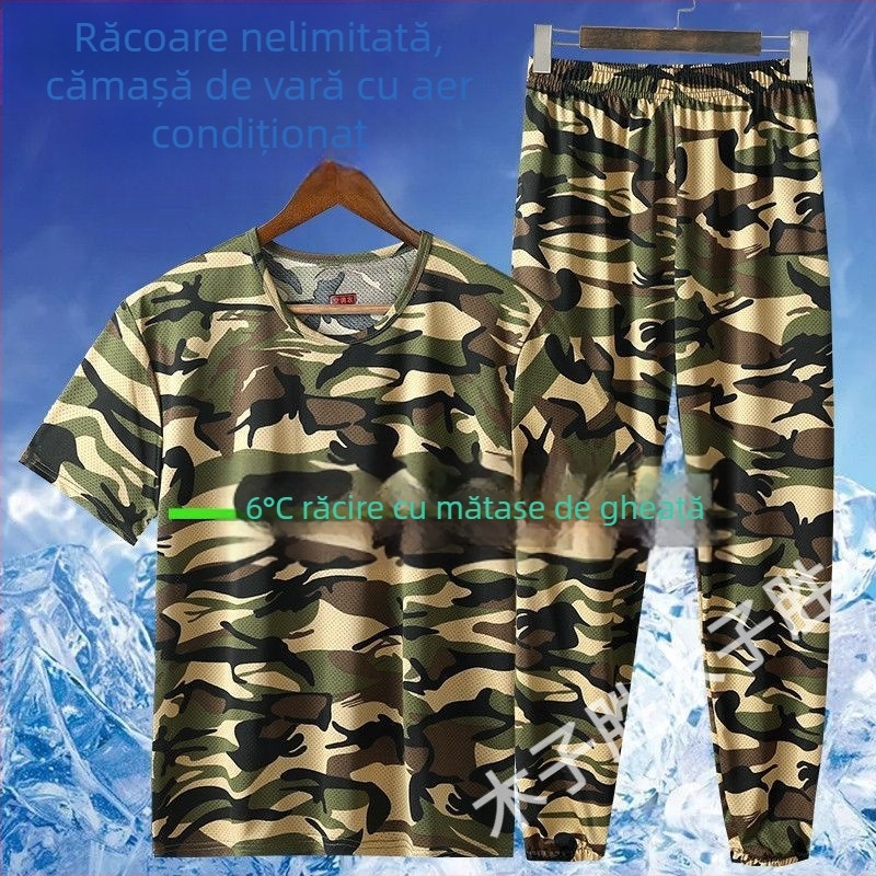 Tricou pentru bărbați din Ice Silk și set de lucru, extensibil, uscare rapidă, respirabil, camuflaj, mâneci scurte