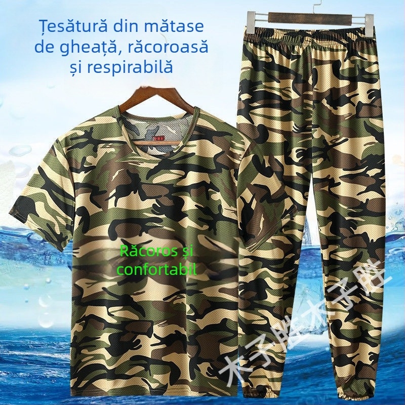 Tricou pentru bărbați din Ice Silk și set de lucru, extensibil, uscare rapidă, respirabil, camuflaj, mâneci scurte