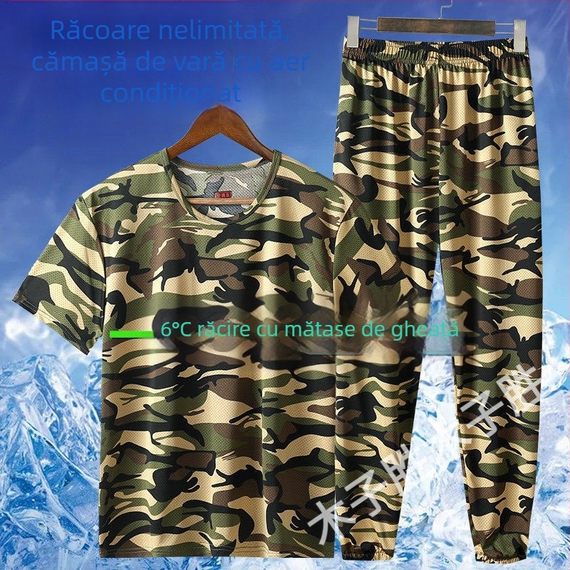 Tricou pentru bărbați din Ice Silk și set de lucru, extensibil, uscare rapidă, respirabil, camuflaj, mâneci scurte