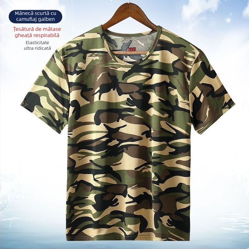 Tricou pentru bărbați din Ice Silk și set de lucru, extensibil, uscare rapidă, respirabil, camuflaj, mâneci scurte