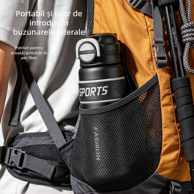 Sticlă termică sport mare capacitate cu pai, din oțel inoxidabil 316, montaj auto, recipient portabil de apă, capac dublu