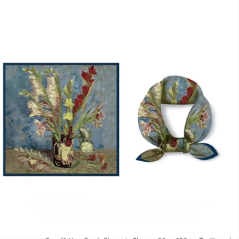 Șal din mătase pătrat, 53 cm, cu motiv de pictură în stil Van Gogh, primăvară – fenix și floare în sticlă, accesoriu feminin