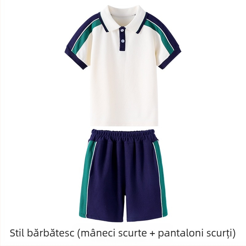 Set de uniformă școlară din bumbac pur pentru grădiniță și elevi din primar – tricou cu mânecă scurtă, stil sport, pentru fotografii de absolvire