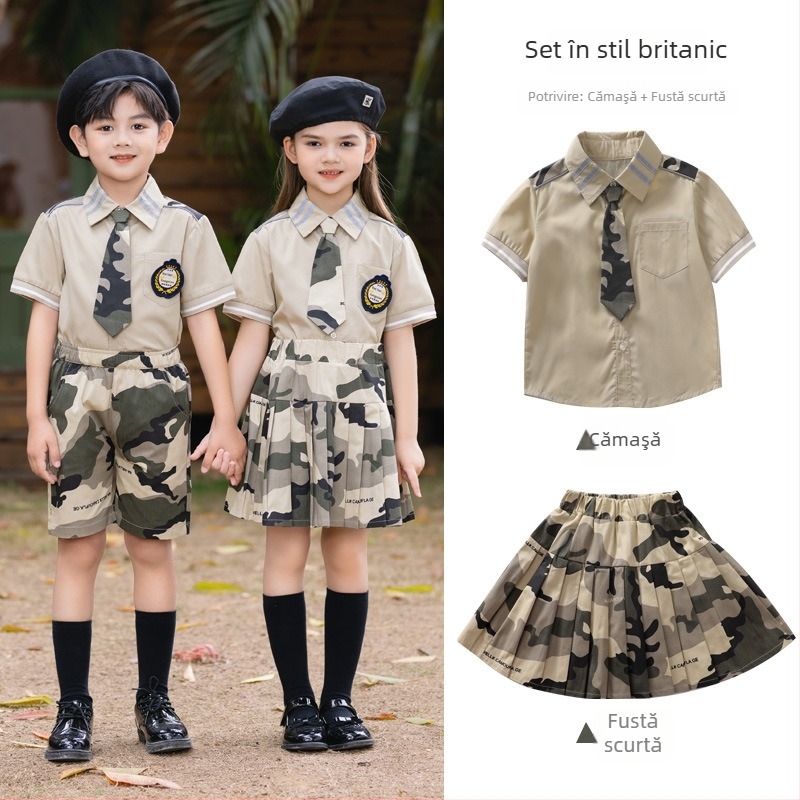 Set uniformă școlară pentru copii, camuflaj, tricou cu mânecă scurtă și pantaloni – două piese