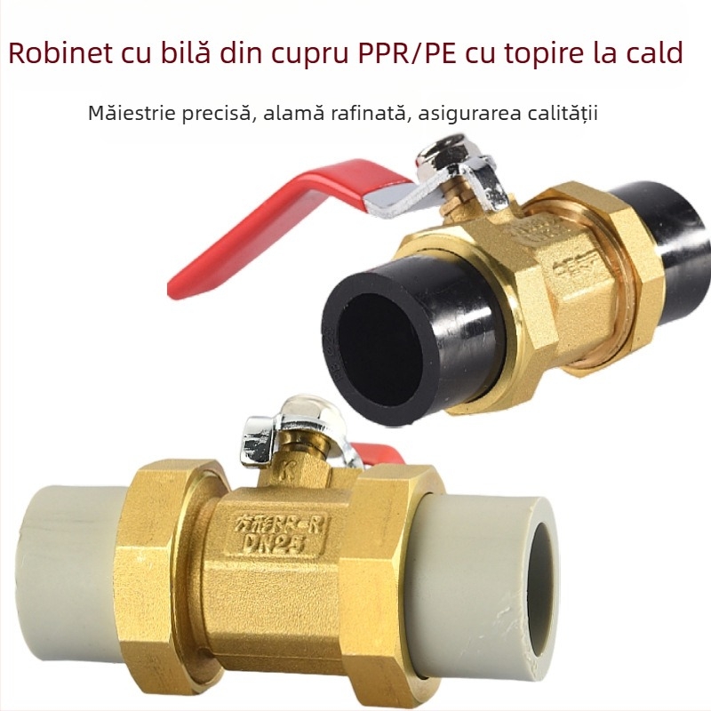 Valvă cu bilă din cupru, cu cuplare dublă prin sudură la cald, pentru conducte PPR/PE, trecere completă, DN20–50