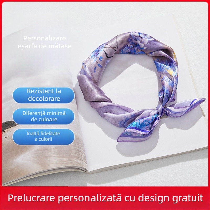 Esarfă de mătase pentru femei, 53 cm, pătrată mică cu imprimeu floral, accesoriu vestimentar proaspăt și delicat
