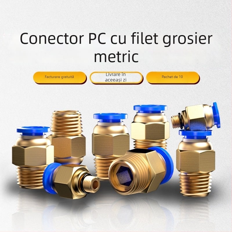 Conector rapid pentru țeavă de aer, componente pneumatice, conector PC metric rapid, filetaj, trecere dreaptă, fitinguri din alamă