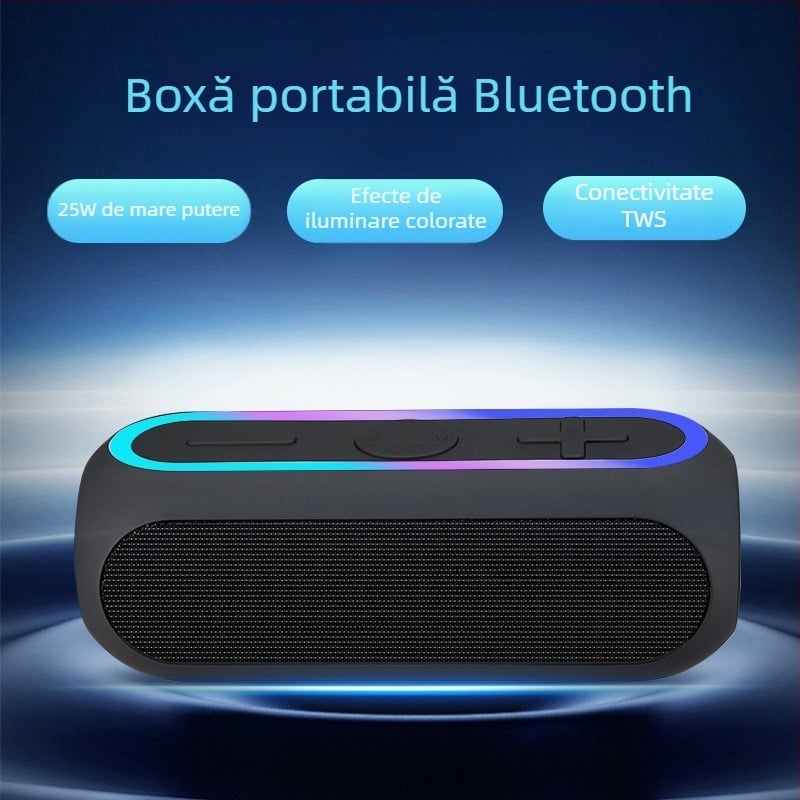 Boxă Bluetooth 25W cu subwoofer, difuzor portabil pentru exterior, slot pentru card TF