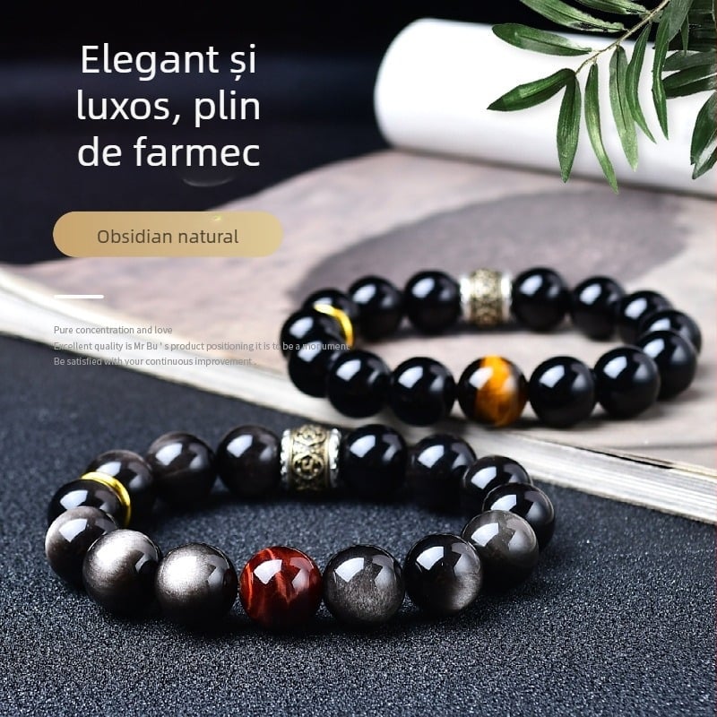 Brățară pentru bărbați din obsidian natural, cu mărgele budiste și accente de obsidian argintiu