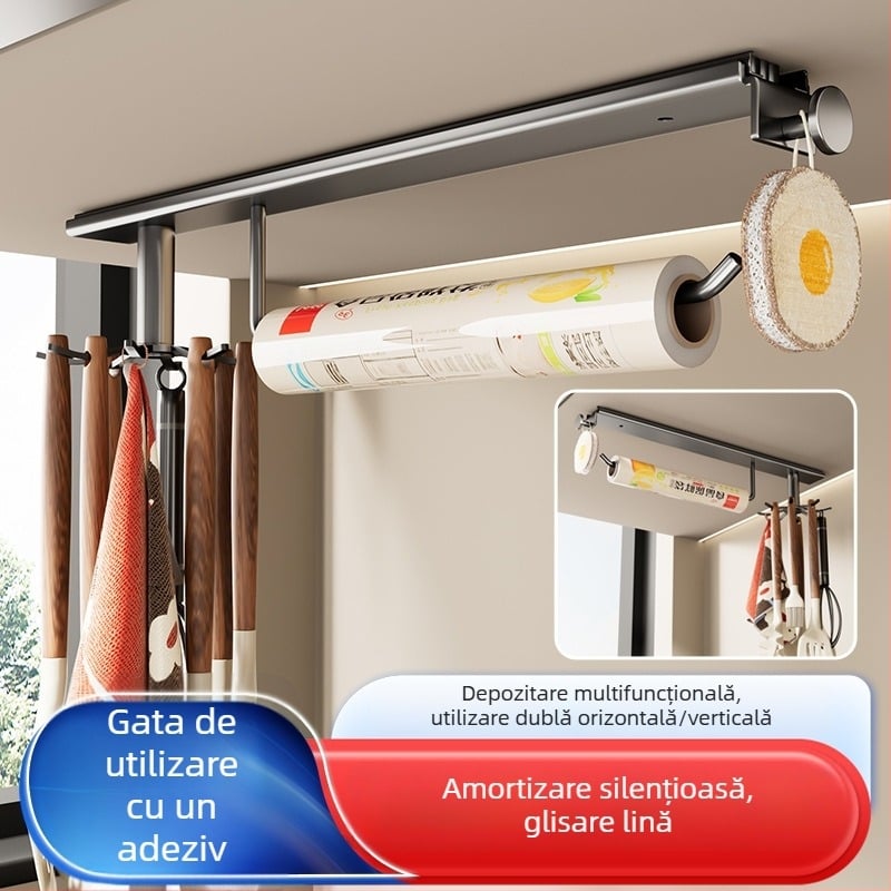 Raft de bucătărie montat pe perete pentru spatule și linguri, fără găuri, suport multifuncțional cu cârlige