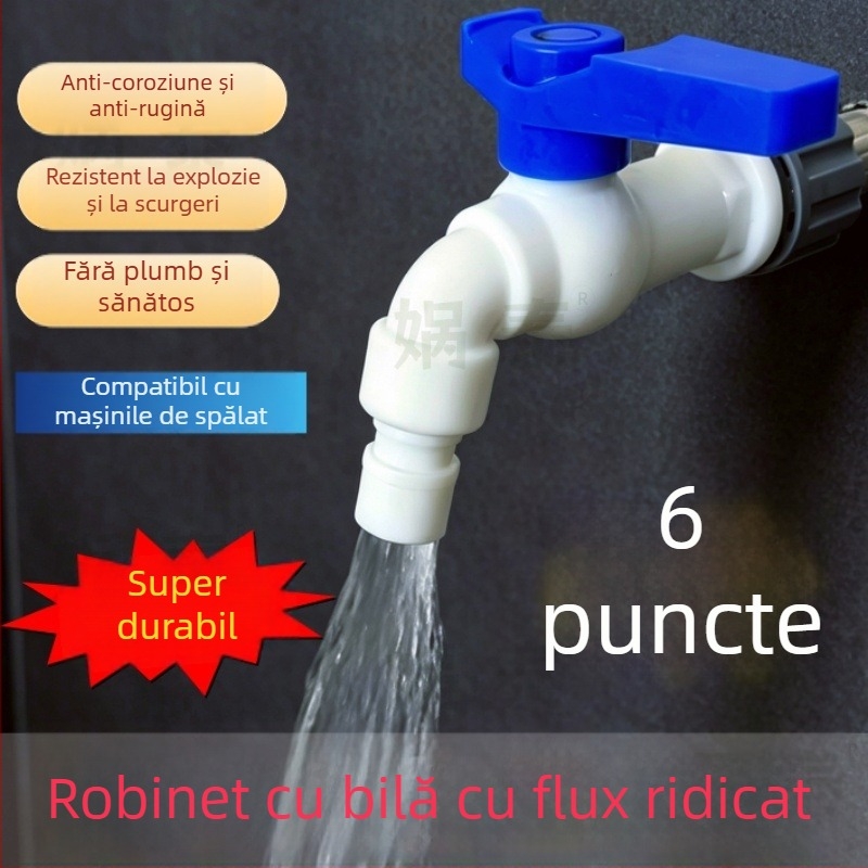 Robinet cu bilă, mâner albastru, din plastic, filet de 1/2, debit mare, deschidere rapidă, pentru mașina de spălat