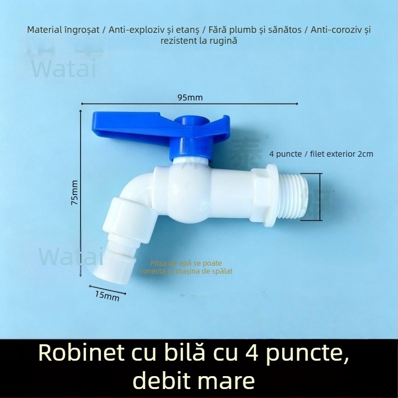 Robinet cu bilă, mâner albastru, din plastic, filet de 1/2, debit mare, deschidere rapidă, pentru mașina de spălat