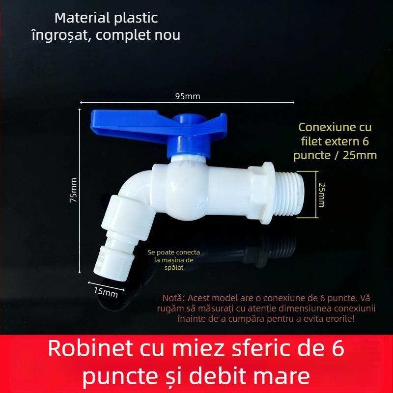 Robinet cu bilă, mâner albastru, din plastic, filet de 1/2, debit mare, deschidere rapidă, pentru mașina de spălat