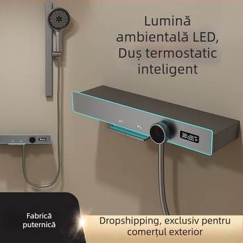 Sistem de duș cu afișaj digital și iluminare ambientală, cap de duș tip ploaie grafit, montaj pe perete, thermostatic