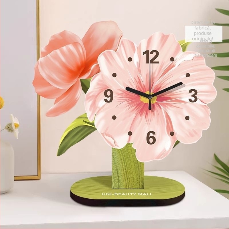 Ceas de birou din lemn, design floral, mișcare silențioasă, decor de masă