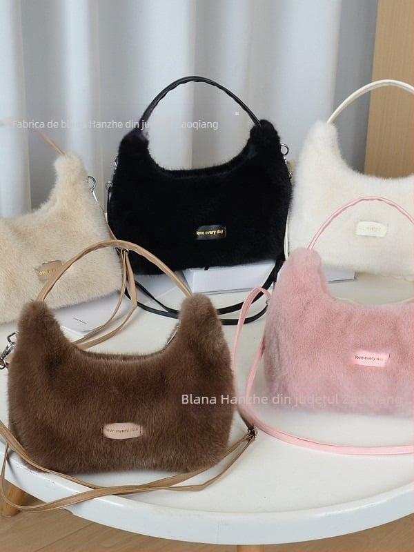 Geantă de damă crossbody din blană de nurcă, capacitate mare, modernă, proaspătă, simplă, versatilă, cu curea