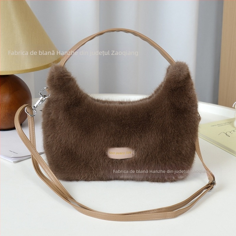Geantă de damă crossbody din blană de nurcă, capacitate mare, modernă, proaspătă, simplă, versatilă, cu curea