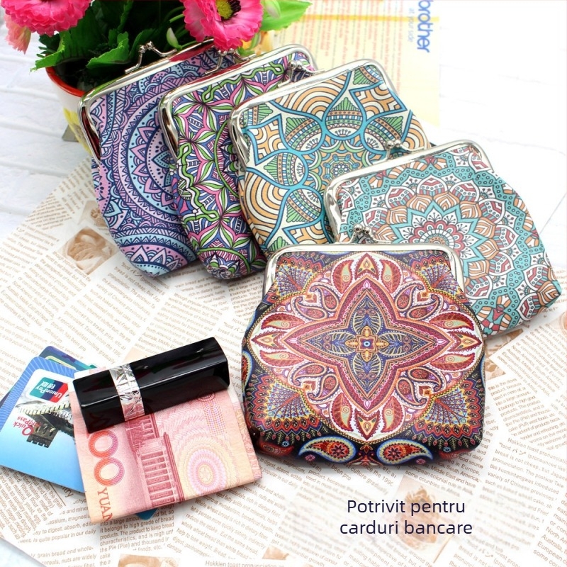 Portofel mic cu model geometric în stil etnic, pentru femei, cu compartiment pentru carduri