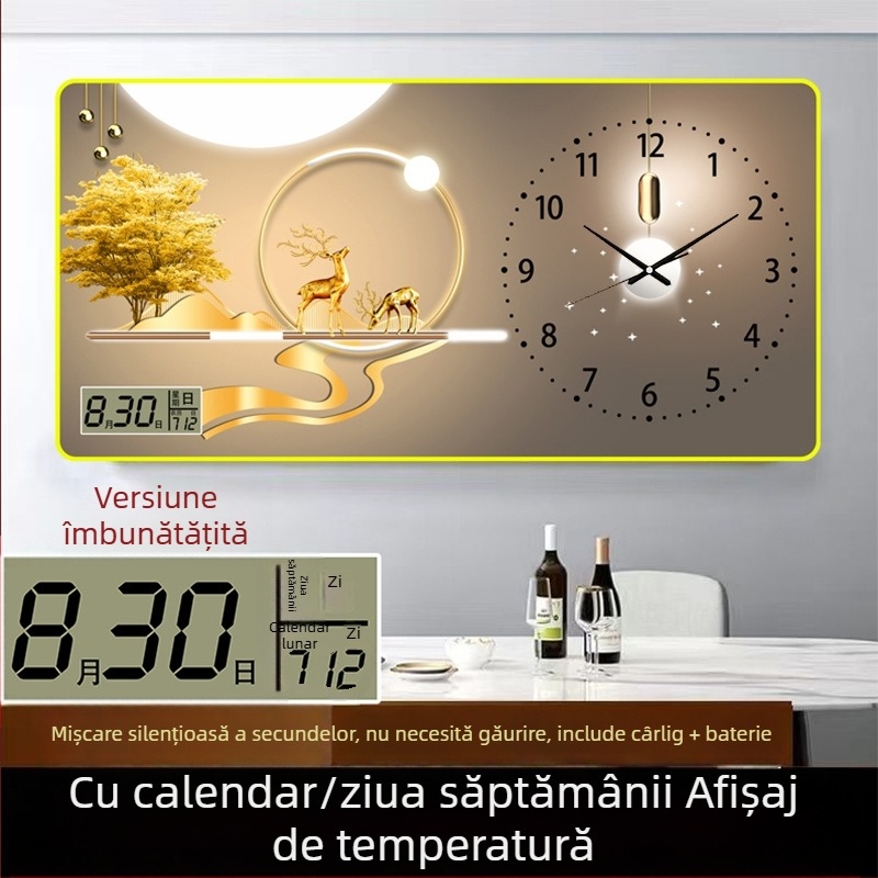Ceas de perete dreptunghiular pentru sufragerie cu termometru, calendar, afișaj ziua săptămânii și luna, mișcare quartz silențioasă, cadru din lemn, cu fața unică, alimentare cu baterii.