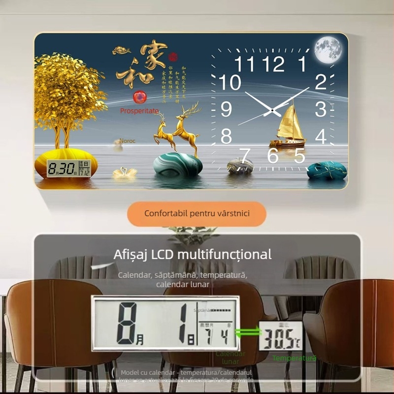 Ceas de perete dreptunghiular pentru sufragerie cu termometru, calendar, afișaj ziua săptămânii și luna, mișcare quartz silențioasă, cadru din lemn, cu fața unică, alimentare cu baterii.