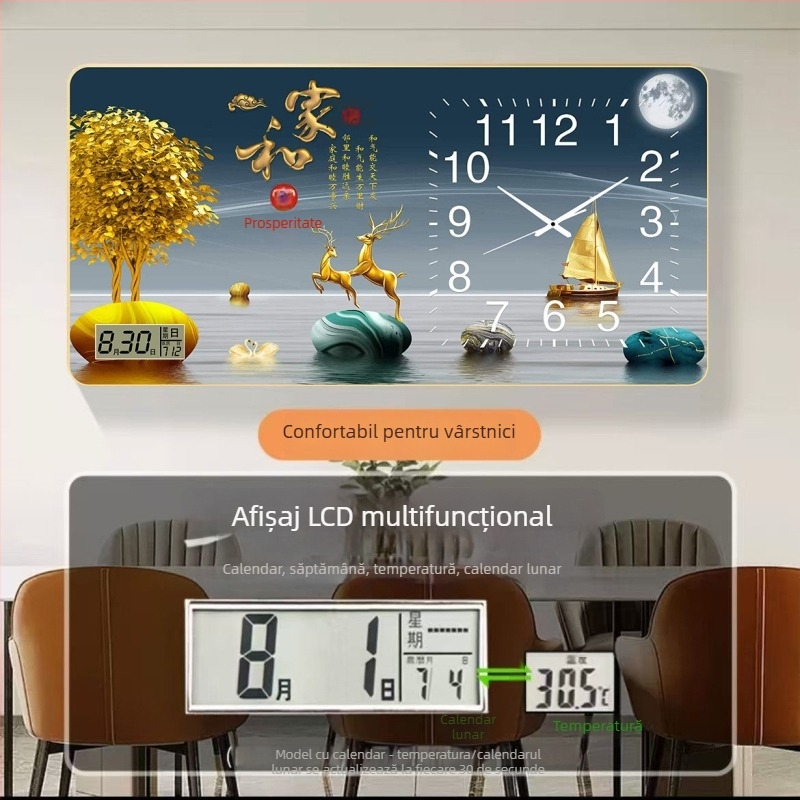 Ceas de perete dreptunghiular pentru sufragerie cu termometru, calendar, afișaj ziua săptămânii și luna, mișcare quartz silențioasă, cadru din lemn, cu fața unică, alimentare cu baterii.