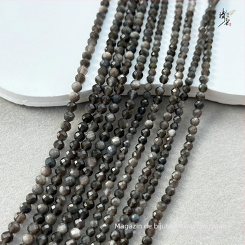 Mărgele rotunde, tăiate fațetat din obsidian natural argintiu, pentru bijuterii DIY – șir lung pentru brățări și coliere