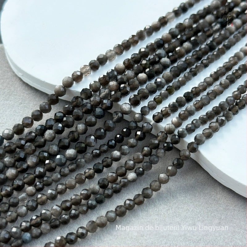 Mărgele rotunde, tăiate fațetat din obsidian natural argintiu, pentru bijuterii DIY – șir lung pentru brățări și coliere