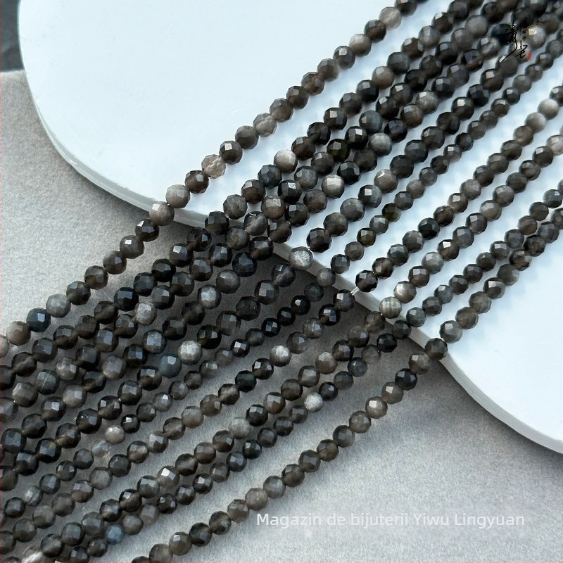 Mărgele rotunde, tăiate fațetat din obsidian natural argintiu, pentru bijuterii DIY – șir lung pentru brățări și coliere