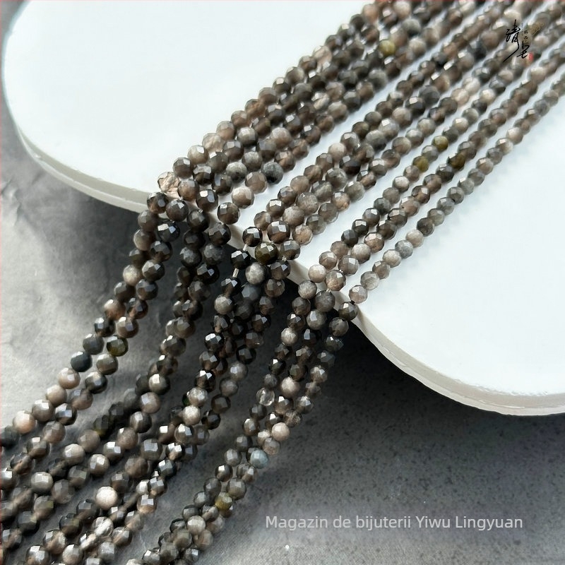 Mărgele rotunde, tăiate fațetat din obsidian natural argintiu, pentru bijuterii DIY – șir lung pentru brățări și coliere