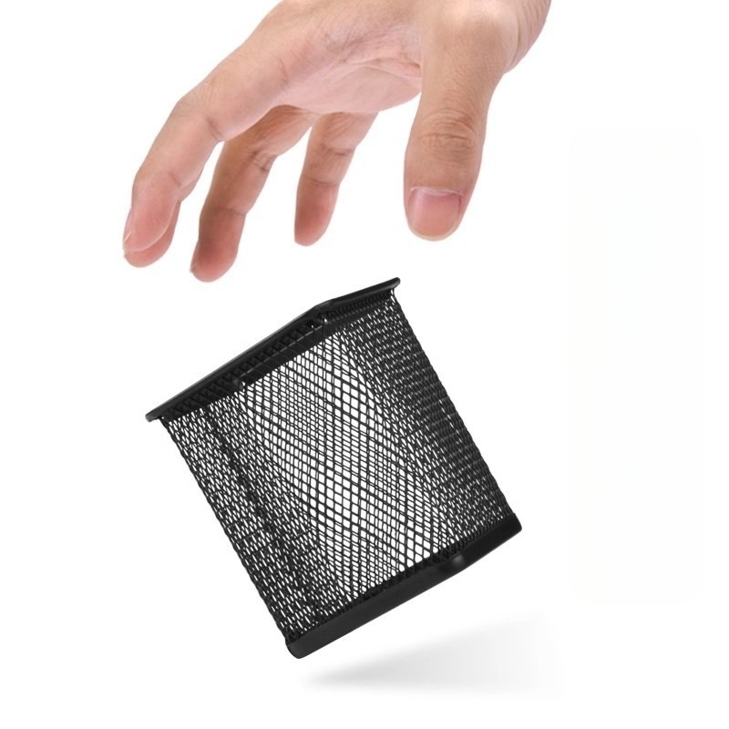 Suport pentru pixuri din metal, formă rotundă, model plasă – organizator de birou elegant