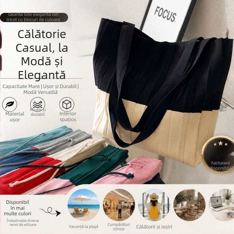 Geantă de umăr tricotată patchwork cu pliuri, pliabilă, geantă ecologică de cumpărături, culoare bloc, stil acordeon pentru femei