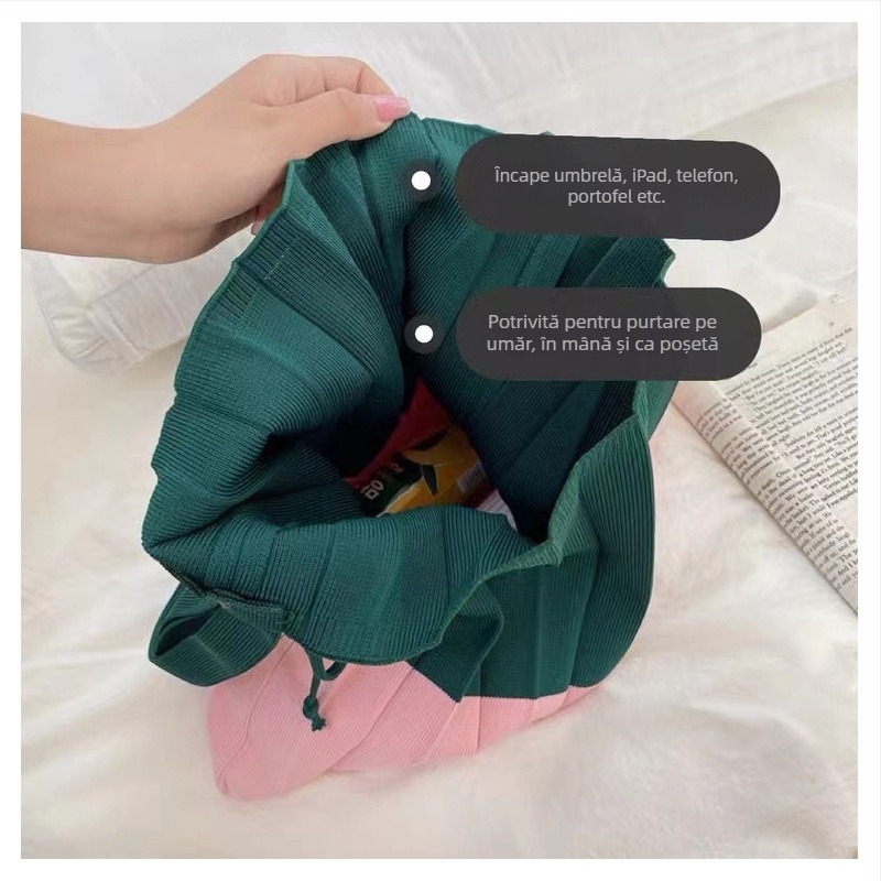 Geantă de umăr tricotată patchwork cu pliuri, pliabilă, geantă ecologică de cumpărături, culoare bloc, stil acordeon pentru femei
