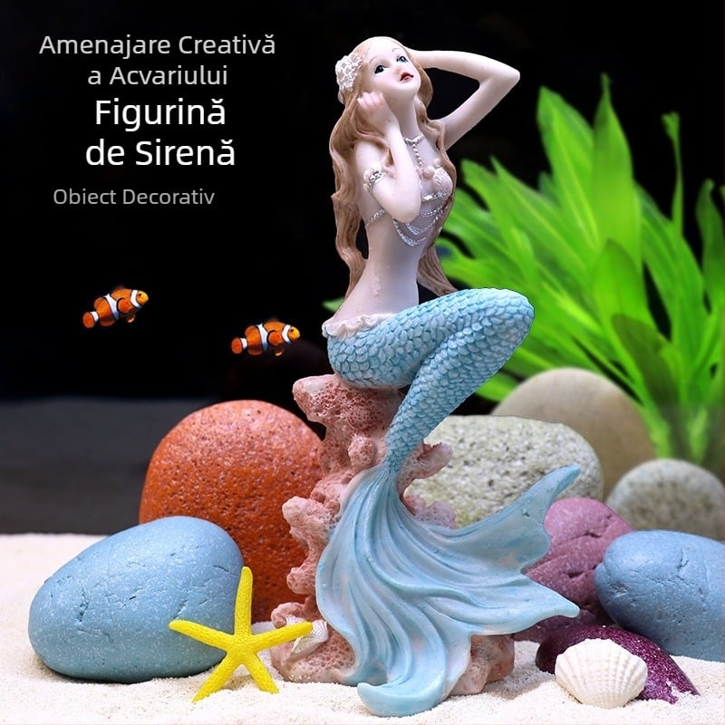 Set de decor pentru acvariu din rășină cu sirenă, stâncă decorativă, corali și plante acvatice
