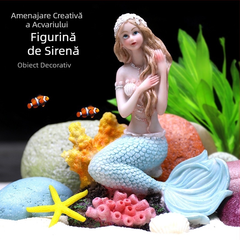 Set de decor pentru acvariu din rășină cu sirenă, stâncă decorativă, corali și plante acvatice