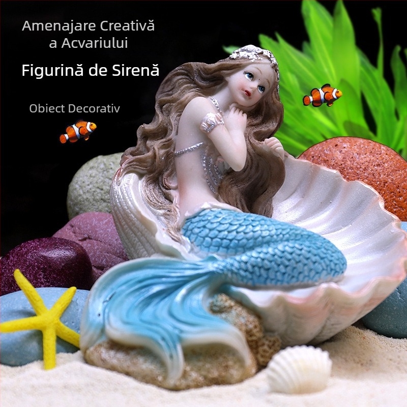 Set de decor pentru acvariu din rășină cu sirenă, stâncă decorativă, corali și plante acvatice