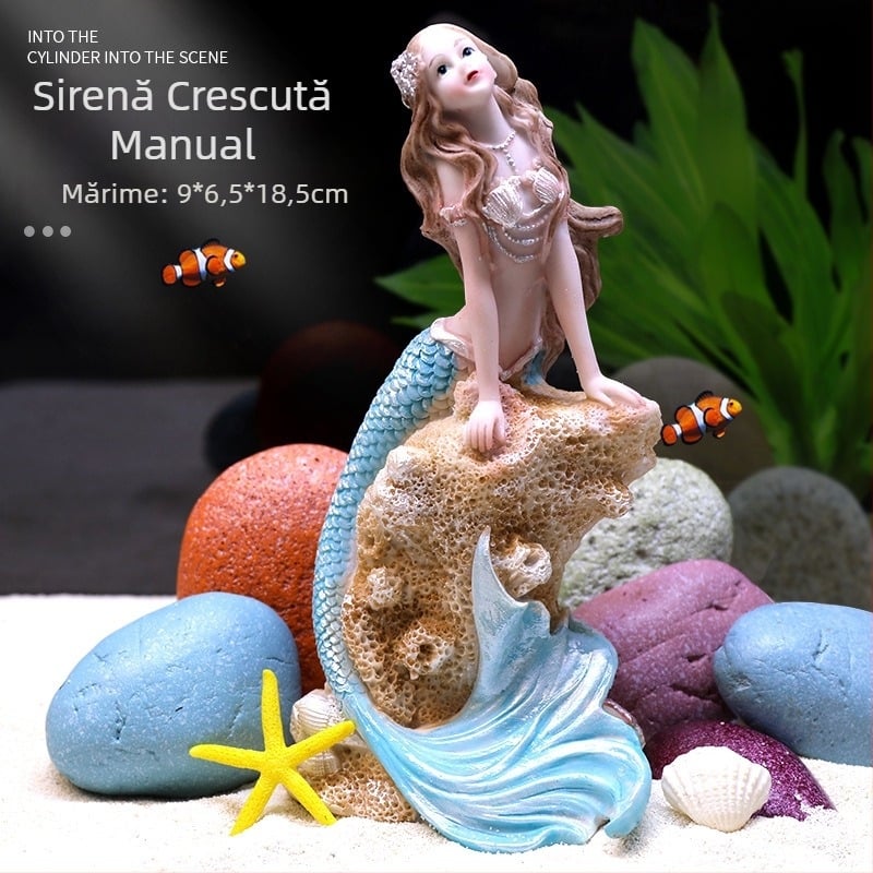 Set de decor pentru acvariu din rășină cu sirenă, stâncă decorativă, corali și plante acvatice