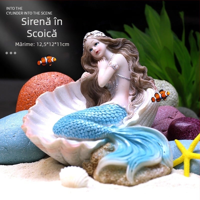 Set de decor pentru acvariu din rășină cu sirenă, stâncă decorativă, corali și plante acvatice