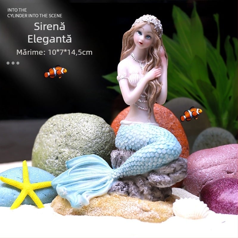 Set de decor pentru acvariu din rășină cu sirenă, stâncă decorativă, corali și plante acvatice