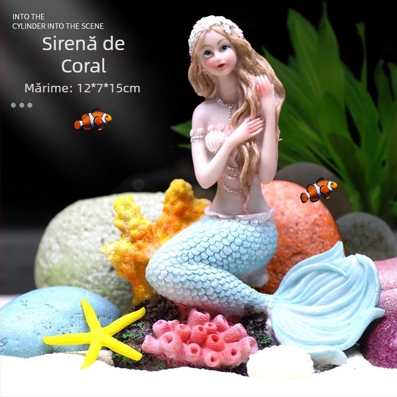 Set de decor pentru acvariu din rășină cu sirenă, stâncă decorativă, corali și plante acvatice