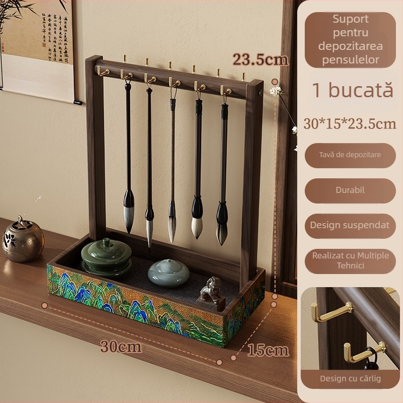 Suport din lemn pentru pensule și pixuri, suport de birou suspendat în stil vintage, organizator multifuncțional de papetărie pentru caligrafie