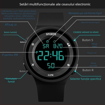 Ceas digital pentru elevi, băieți și fete, cadran de 45 mm, curea din cauciuc, rezistență la apă 10 m, afișaj numeric, iluminare luminescentă