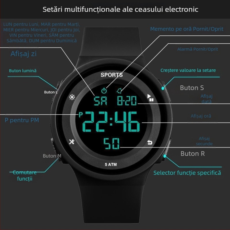 Ceas digital pentru elevi, băieți și fete, cadran de 45 mm, curea din cauciuc, rezistență la apă 10 m, afișaj numeric, iluminare luminescentă