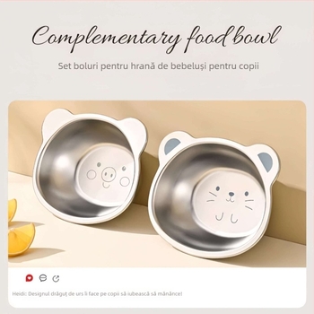 Bol din oțel inoxidabil pentru copii, model drăguț cu desene animate, mic bol pentru alimentația bebelușului, set de veselă pentru uz casnic