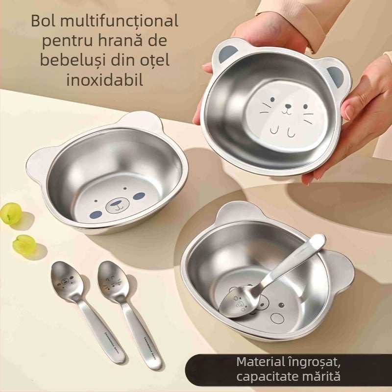 Bol din oțel inoxidabil pentru copii, model drăguț cu desene animate, mic bol pentru alimentația bebelușului, set de veselă pentru uz casnic
