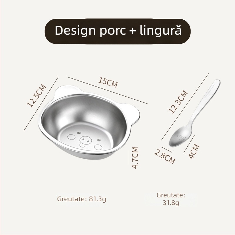 Bol din oțel inoxidabil pentru copii, model drăguț cu desene animate, mic bol pentru alimentația bebelușului, set de veselă pentru uz casnic