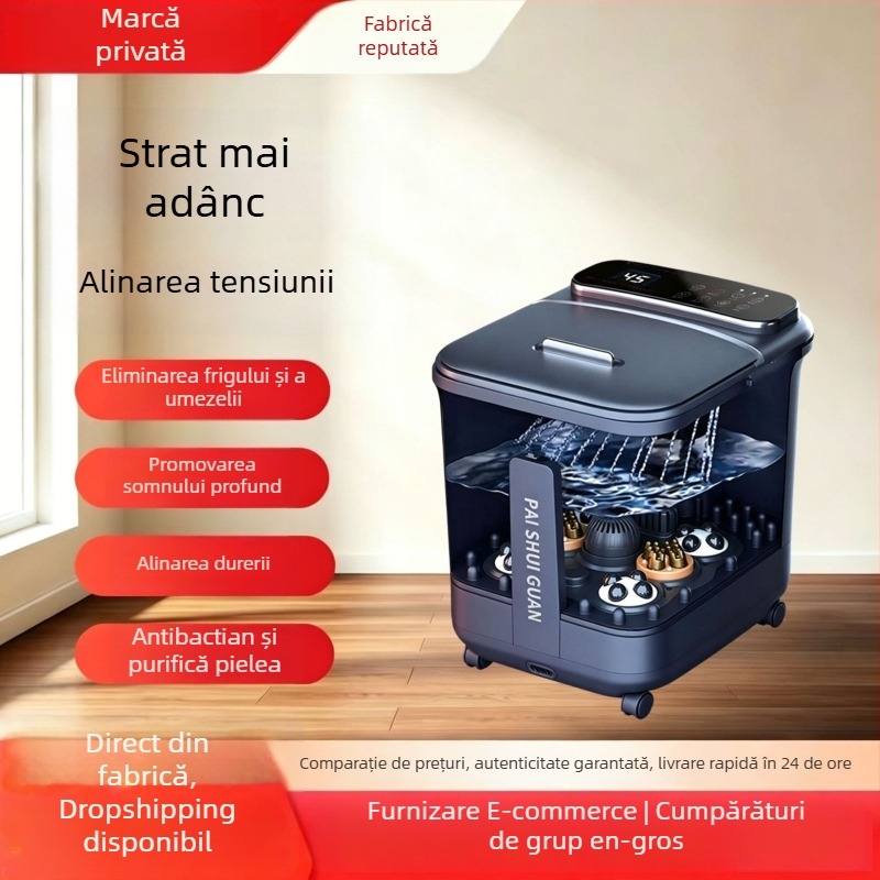 Vas de baie pentru picioare pliabil, cu control touch, 10L+, adânime până la genunchi, LCD temperatură, încălzire PTC, țeavă de scurgere, cu roți
