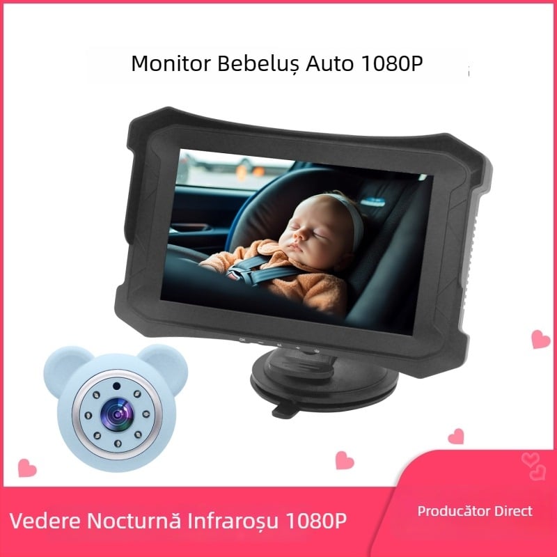 Monitor pentru bebeluți în mașină, personalizat, ecran de 5 inch, 1080P, cameră auto pentru bebeluși