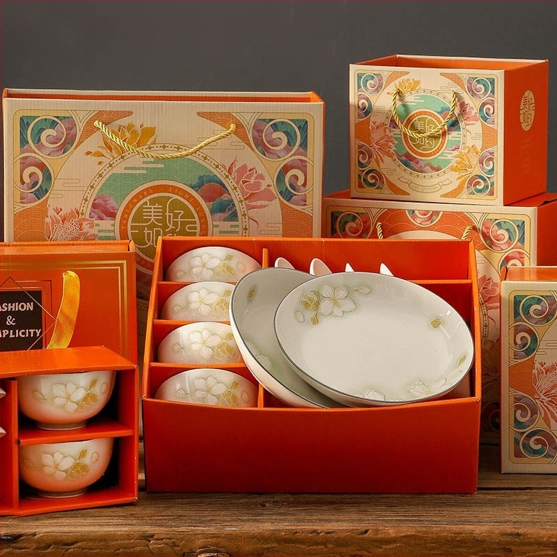 Set cadou de vase și farfurii ceramice în stil japonez, cu glazură sub glazură, model floral, formă rotundă, diametrul 11–11.9 cm, compatibil cu microunde