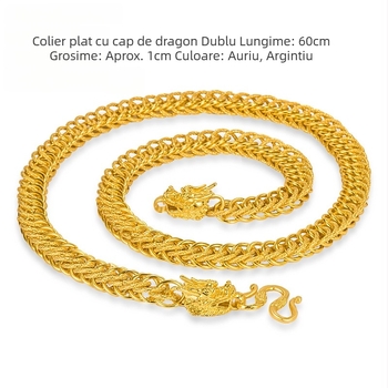 Colier bărbătesc din cupru placat cu aur, design masiv, finisaj mat, pandantiv impresionant cu două capete de dragon